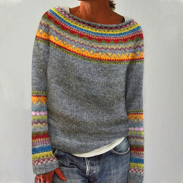 Eerika | Grauer Retro-Pullover mit Regenbogen-Streifen
