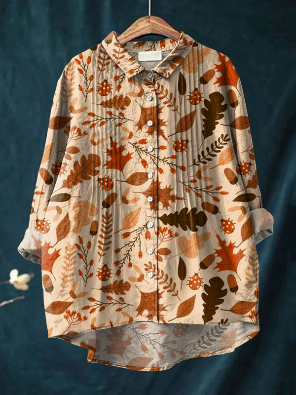 Damen Vintage Herbstblatt Kunstprint Lässiges Baumwolle- und Leinen-Rüschenshirt