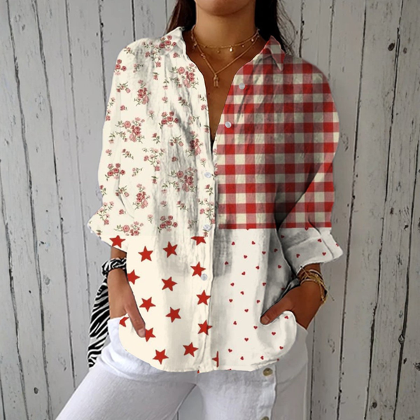 Ana - Cremefarbene Bluse mit Landhaus- und Karomuster