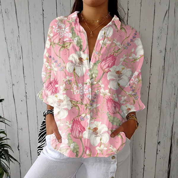 Nicole - Weisse elegante Bluse mit rosa Blütenmuster