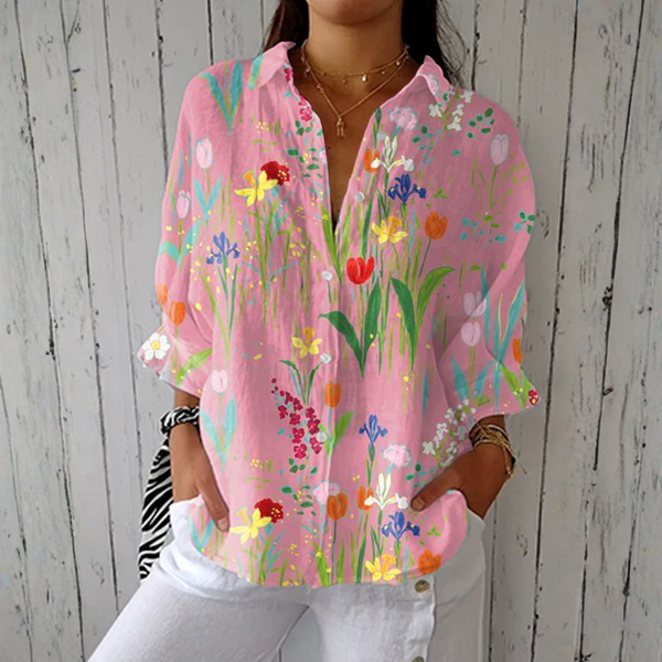 Sofia - Rosa Bluse mit Tulpen- und Gartenmuster