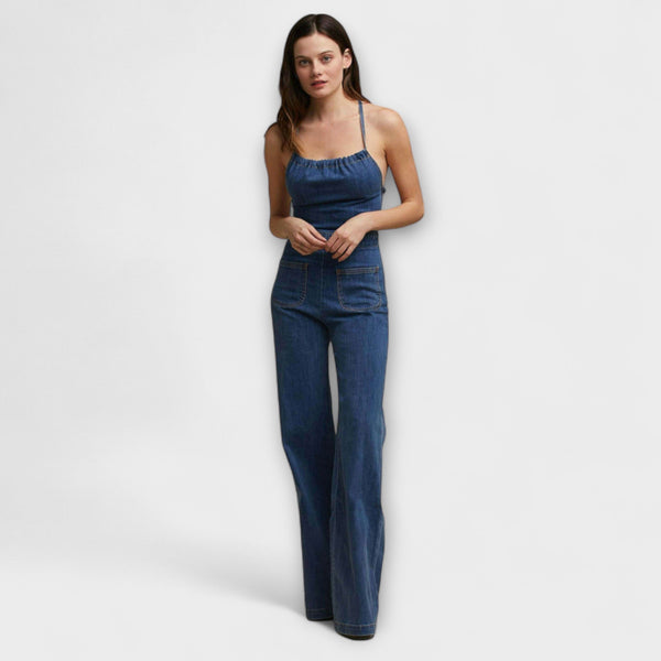 Julie - Blauer Denim-Jumpsuit mit Bindeband