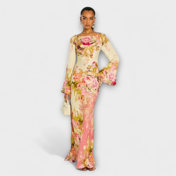 Kelly - Cremefarbenes Maxikleid mit Blütenmuster