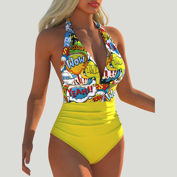 Bernadette - Badeanzug mit Neckholder, Pop-Art-Print und Raffungen