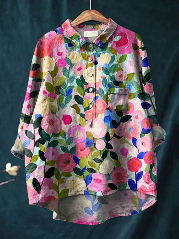 Buntes Frühlingsblumenmuster Damen Casual Leinenhemd