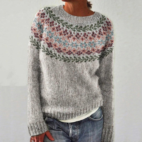 Inga | Grauer Retro-Pullover mit floralem Muster