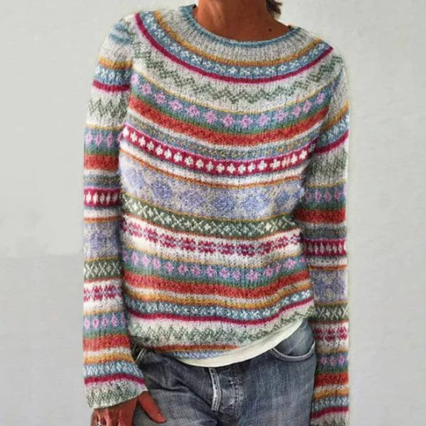 Aada | Grauer Retro-Pullover mit buntem Norweger-Muster