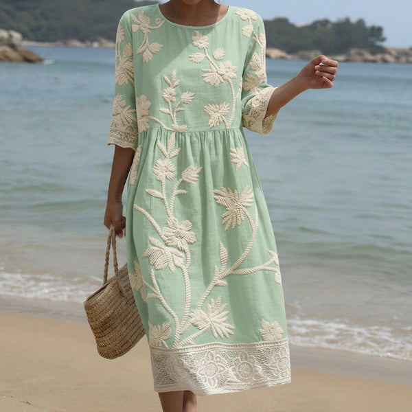 Gabi - Mintgrünes Midi-Kleid mit Blütenstickerei