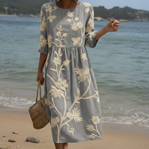 Ana - Graues Midi-Kleid mit Blütenstickerei