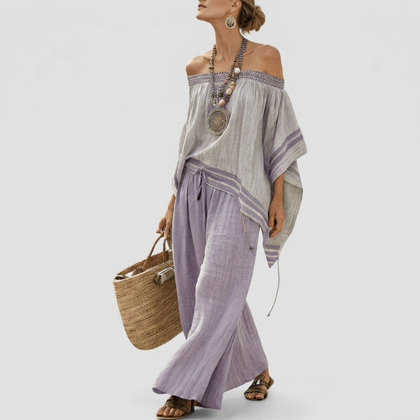Natália - Graues Bohemian-Bardot-Ensemble mit lila Hose