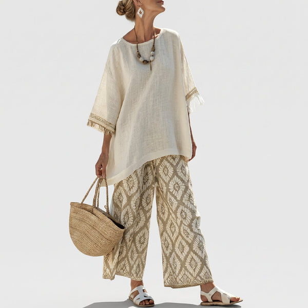 Eduarda - Cremefarbenes elegantes Boho-Chic-Set mit Ikat-Muster
