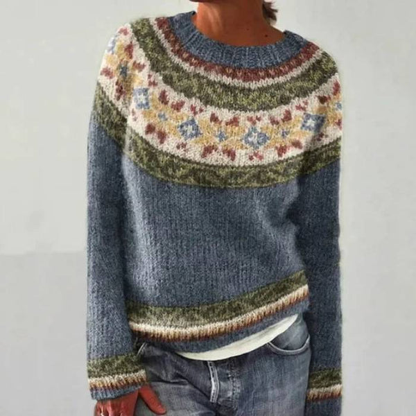 Katri | Blauer Retro-Pullover mit floralem Muster